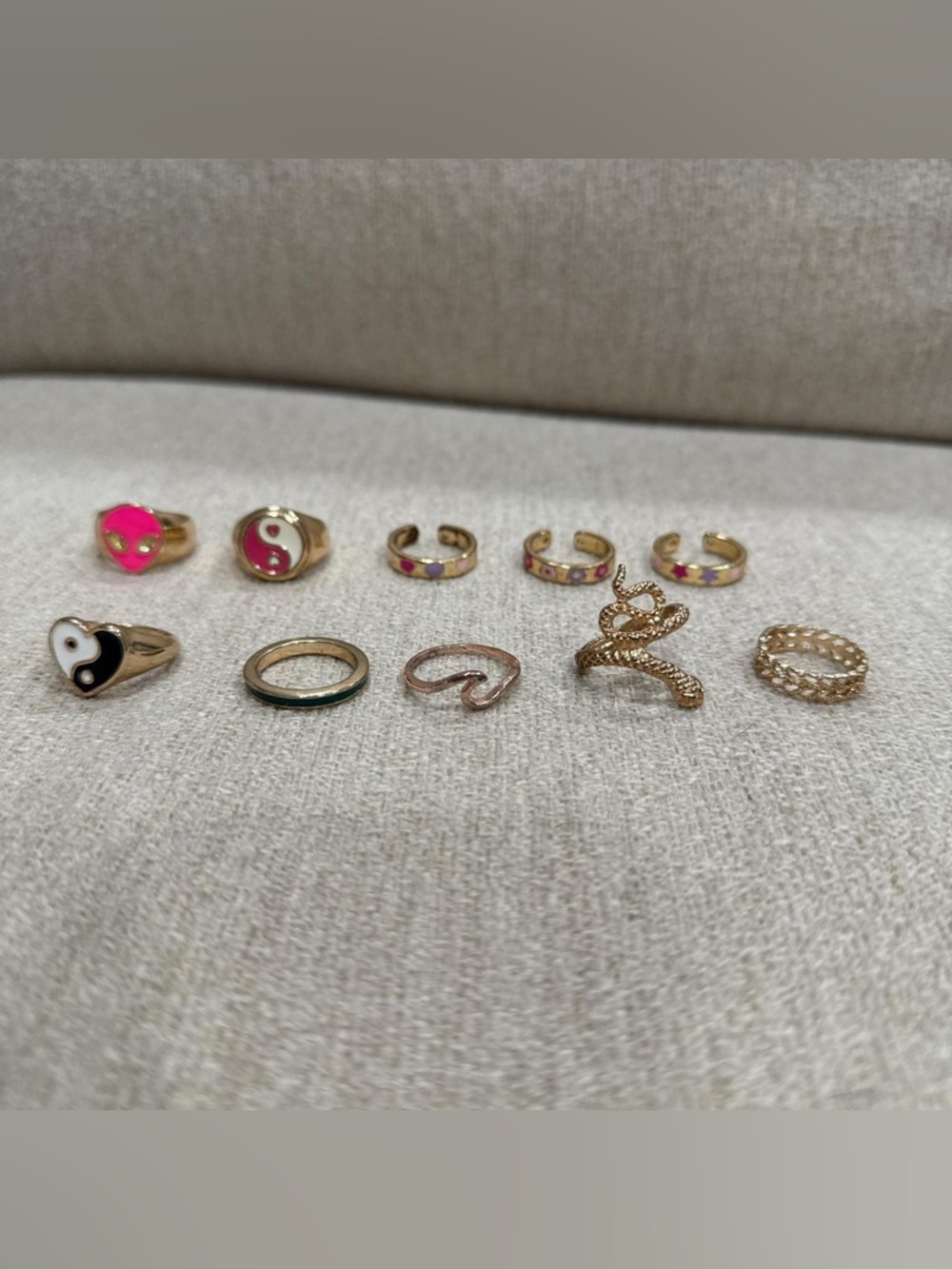 Gold Tone Pink & White Enamel Mixed Rings Set - Women's Jewelry
